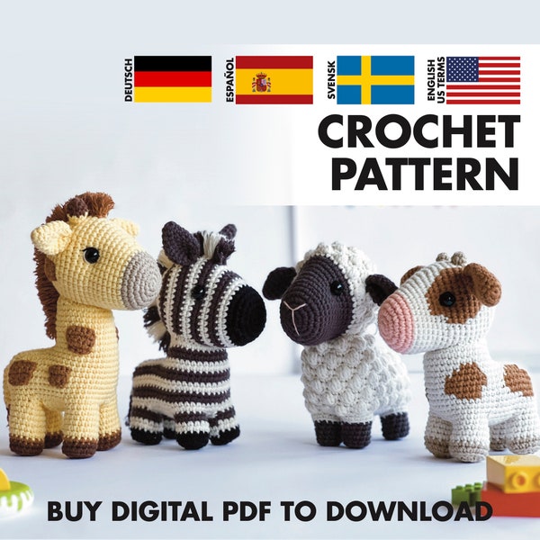 CROCHET PATTERN: Mini collection - Amigurumi zebra, giraffe, lamb, calf crochet PDF pattern - English, Español, Svensk, Deutsch