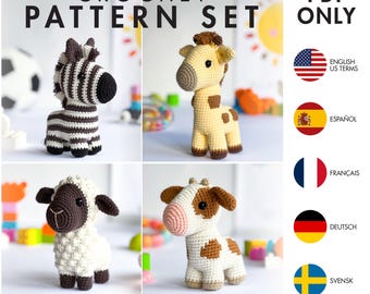 Crochet Pattern - Mini collection - Amigurumi Zebra, Giraffe, Lamb, Calf (PDF diy description - English, Français, Español, Deutsch, Svensk)