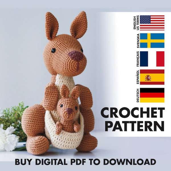 CROCHET PATTERN: Mommy Kangaroo & baby – Amigurumi kangaroo crochet pattern- English, Svensk, Français, Español, Deutsch