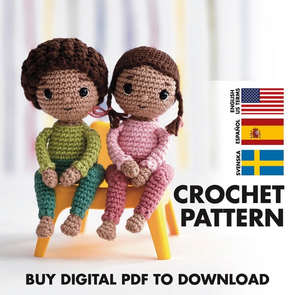 CROCHET PATTERN: Little girl Reem & her brother Tariq - Amigurumi doll - crochet PDF pattern - English, Svensk, Español