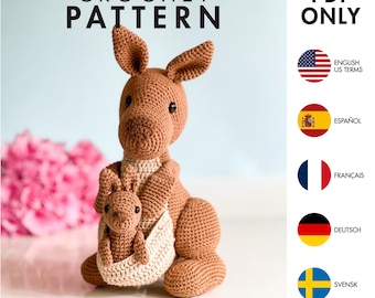 Crochet Pattern - Kangaroo and baby - Amigurumi (PDF diy description - English, Français, Español, Deutsch, Svensk)