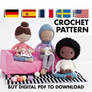 CROCHET PATTERN: Sade & her yarnloving friends - Amigurumi doll / girl - crochet PDF pattern - English, Svensk, Français, Español, Deutsch