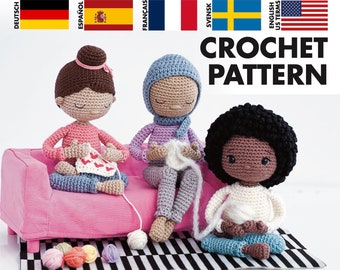 CROCHET PATTERN: Sade & her yarnloving friends - Amigurumi doll / girl - crochet PDF pattern - English, Svensk, Français, Español, Deutsch