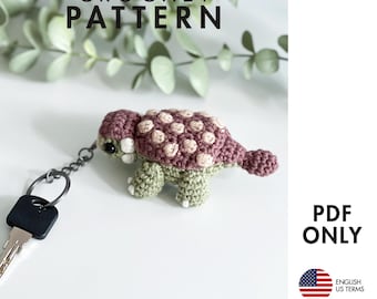 Crochet Pattern - Tiny Ankylosaurus amigurumi dinosaur keychain, keyring size (PDF diy description)