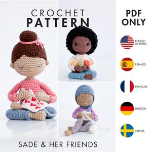 CROCHET PATTERN: Sade & her yarnloving friends - Amigurumi doll / girl - crochet PDF pattern - English, Svensk, Français, Español, Deutsch