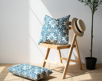 Blue Floral 20" Outdoor Pillow // Weather Resistant Outdoor Square Cushion // Blue Floral Decorative Outdoor Square Pillow