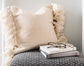 Natural Pillow Cover With Tassels // Cotton Canvas Pillow Cover - Tilly // Natural Boho Cushion Cover