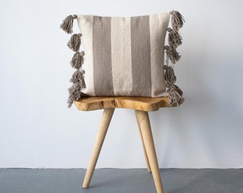 Natural Pillow Cover With Taupe Design // Cotton Canvas Pillow Cover - Zahra Taupe // Boho Cushion With Stripe and Tassels// Brown Pillow