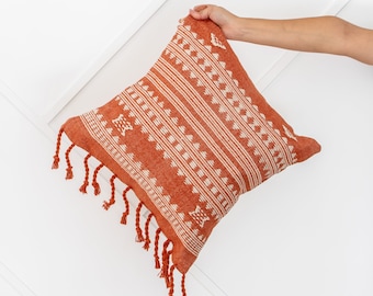 Bhujodi Cream with Tassels // Orange Pillow // Rust Pillow // Cotton Canvas Pillow Cover - Cream // Natural Boho Cushion Cover