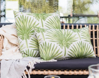 Green Palm Leaf Outdoor Lumbar Pillow // Weather Resistant Outdoor Cushion // Green Floral Decorative Outdoor Lumbar Pillow