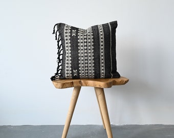 Bhujodi Black with Tassels // Cotton Canvas Pillow Cover - Black // Black and White Pillow // Natural Boho Cushion Cover