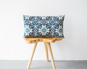 Blue Floral Outdoor Pillow // Weather Resistant Outdoor Lumbar Cushion // Blue Floral Decorative Outdoor Lumbar Pillow