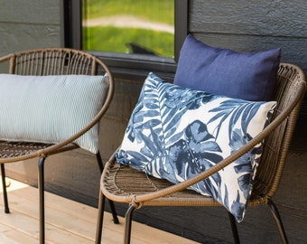 Navy Palm Leaf Outdoor Lumbar Pillow 12" x 22" // Weather Resistant Outdoor Lumbar Cushion // Blue Floral Decorative Outdoor Lumbar Pillow