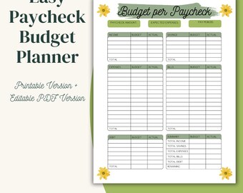 May include: A printable budget planner with a green and white color scheme. The planner is divided into sections for income, expenses, bills, and debt. It also includes a summary section for tracking total income, savings, expenses, bills, debt, and remaining funds. The planner is decorated with floral illustrations.