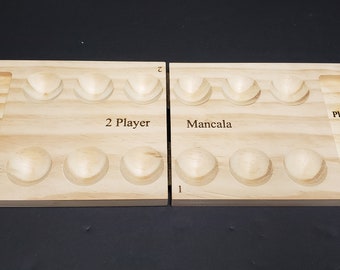 Two player Mancala game board custom made out of clear pine wood.