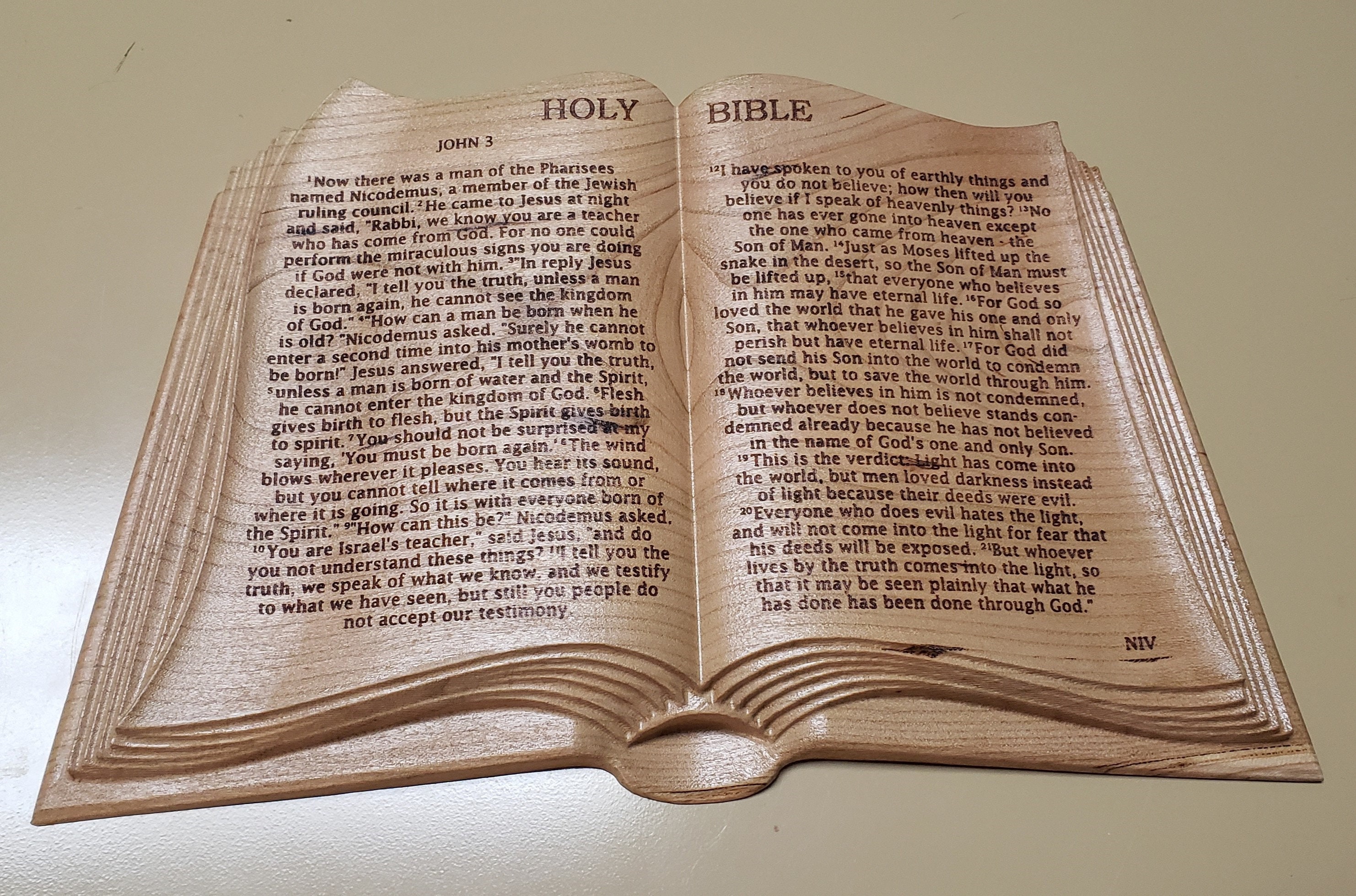 3D precision carved Open Bible made of cherry wood with laser Etsy