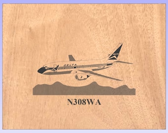 May include: A wood-grain background with a black and white illustration of a Delta Airlines Boeing 737-300 airplane with the tail number N308WA.