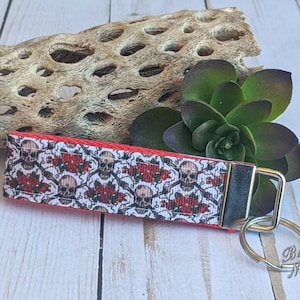 Skulls Crossbones and Roses Keyfob | Wristlet | Skull Keychain | Gothmas Gift | Creepy Christmas Gift | Creepy Valentine | Bloody Valentine