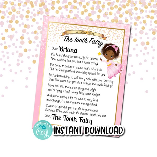 African American Tooth Fairy Letter INSTANT EDITABLE