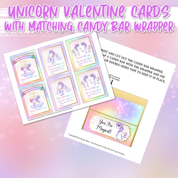 Unicorn Valentine Cards With Candy Bar Wrapper, Unicorn Valentines, Unicorn Candy Wrapper