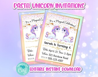 Unicorn Invitations (Pastel Colors), Unicorn Party, Unicorn Printables