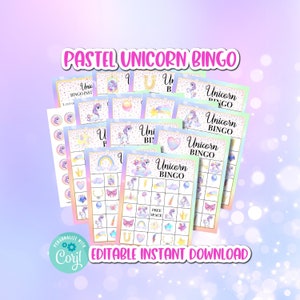 Jeu de bingo licorne (couleurs pastel), Bingo licorne, Jeux de licorne, Jeux de fête, Jeux imprimables pour enfants, Jeu de bingo