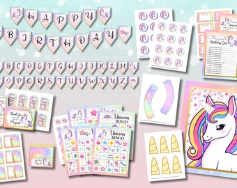 Pack de fête de licorne, fête d’anniversaire de licorne, imprimables de partie de licorne. Unicorn Party, Parti licorne imprimable