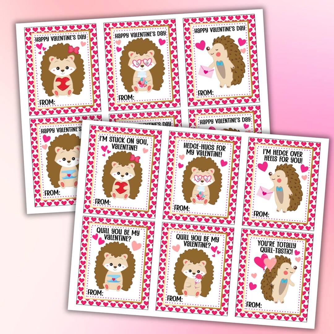 Hedgehog Valentine Cards | Printable Classroom Valentines for Kids - Etsy