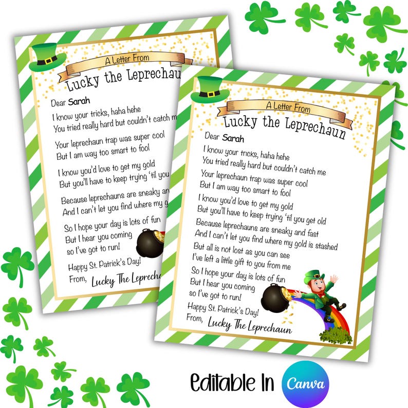 Editable Leprechaun Letter  – Printable St. Patrick’s Day Surprise for Kids