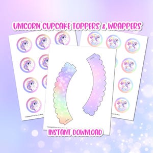 Eenhoorn cupcake toppers en wrappers: pastelkleurige feestprintables (digitale download)