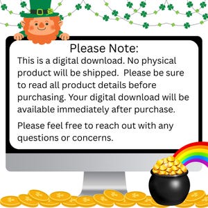 St. Patrick's Day coloring pages digital download for kids: monitor with note, leprechaun hat, rainbow, and pot of gold.