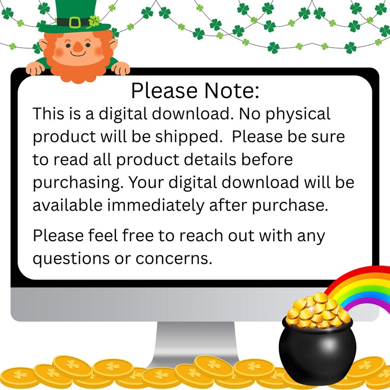 St. Patrick's Day coloring pages digital download for kids: monitor with note, leprechaun hat, rainbow, and pot of gold.