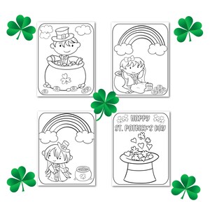 St. Patrick's Day coloring pages for kids — four printable designs (digital download) featuring leprechaun, rainbow, pot of gold, and festive hat.