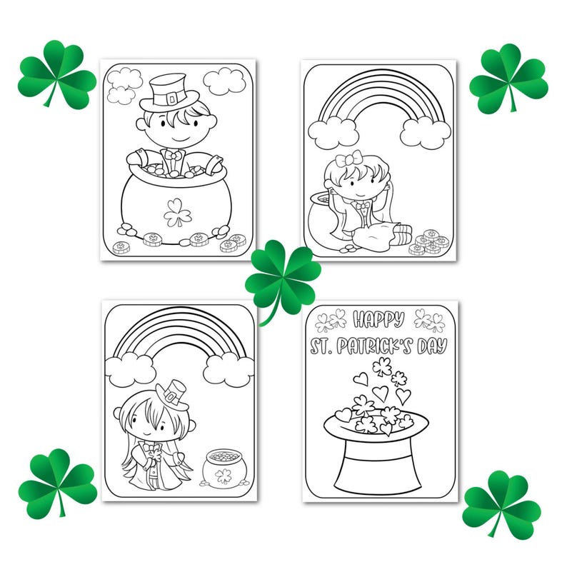 St. Patrick's Day coloring pages for kids — four printable designs (digital download) featuring leprechaun, rainbow, pot of gold, and festive hat.