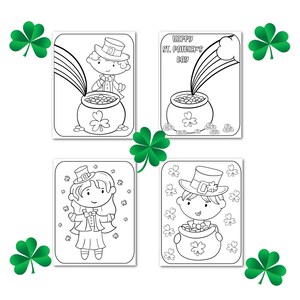 St. Patrick's Day coloring pages for kids — set of four black-and-white pages with leprechauns, pots of gold, rainbows (digital download).