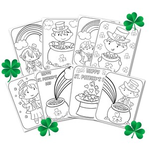 St. Patrick’s Day coloring pages for kids — leprechaun, rainbow, pot of gold, and shamrocks (digital download)