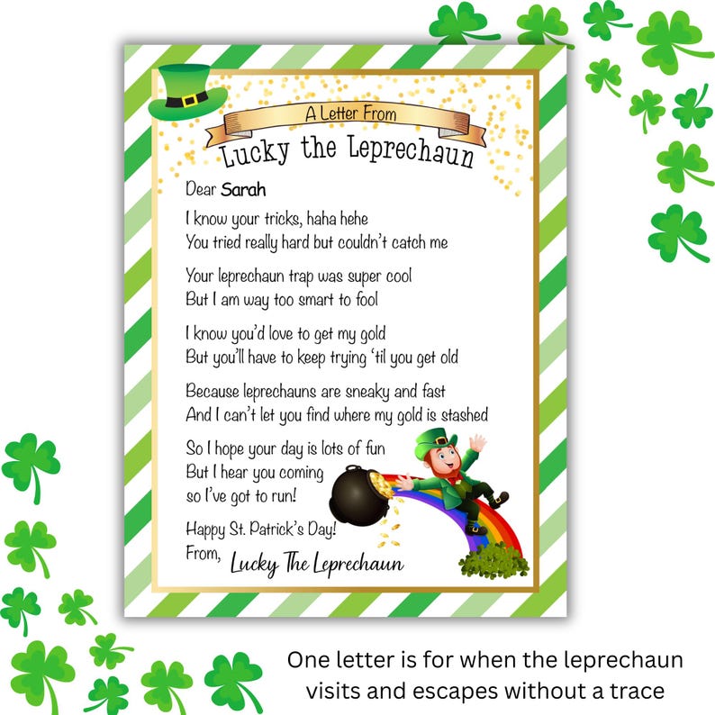 Editable Leprechaun Letter  – Printable St. Patrick’s Day Surprise for Kids