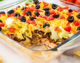 Ground Beef Taco Dip Recipe Printable | Easy Layered Cheesy Dip for Parties + Potlucks
