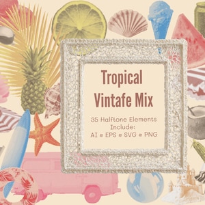 Könnte beinhalten: Eine Collage mit tropischen Illustrationen, darunter eine Ananas, eine Sonnenbrille und ein Rahmen mit dem Text "Tropical Vintafe Mix". Weitere Elemente sind ein Sonnenschirm, Eiscreme und eine Wassermelonenscheibe.