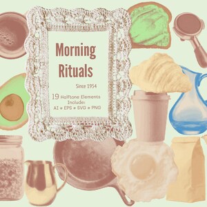 Elementos de collage digital retro, imágenes prediseñadas de semitonos de rituales matutinos, SVG de estética de café vintage, PNG de estética de comida, gráficos multimedia originales