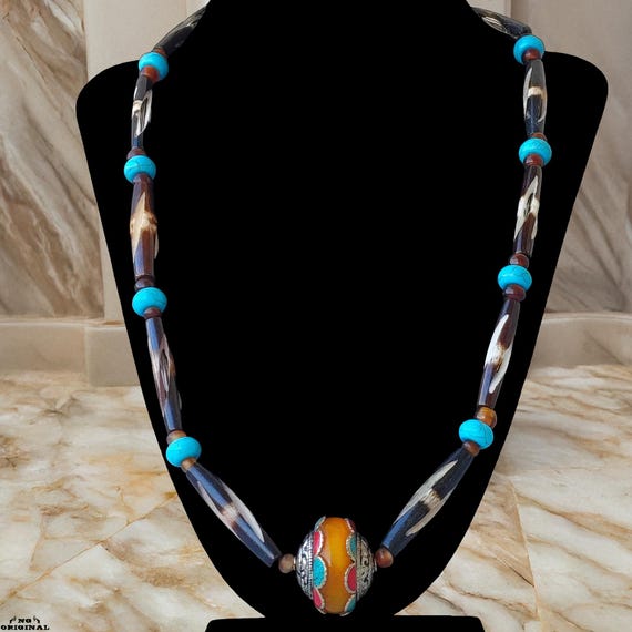 Native American Boho Necklace • Tibetan Pendant 925 Silver Coral Turquoise • Tribal Spiritual Jewelry Handmade in France • Unique Gift