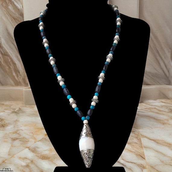 Native Tribal Necklace in Sterling Silver 925 & Seashell – Tibetan Pendant, Wood Beads, Horn  Spiritual Turquoise Boho
