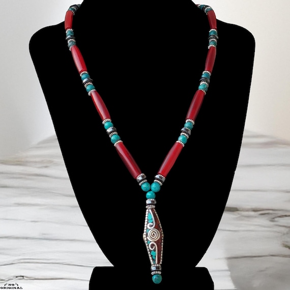 Native American Turquoise & Red Coral Necklace | Handmade Tribal Jewelry | Tibetan Pendant | Spiritual Gift | Boho Chic