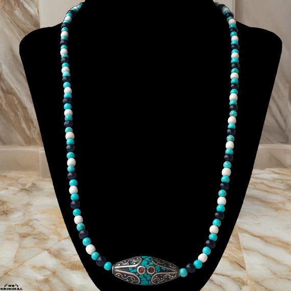 Handmade Native Tribal Necklace • Tibetan Brass Turquoise Coral Pendant • Protection Talisman • Boho Ethnic Jewelry • Made in France