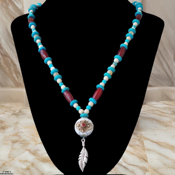 Native American Tribal Necklace 925 Silver Feather • Natural Turquoise • Handmade Boho Spiritual Unisex Talisman