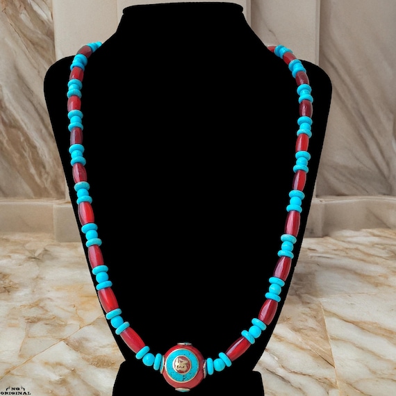 Tibetan Necklace Natural Turquoise & Red Coral – 2.5 cm Ethnic Pendant – Boho Tribal Handmade