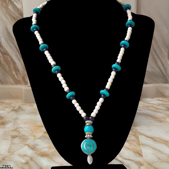 Boho Native American Necklace • Tibetan Turquoise & Brass Pendant • Handmade Tribal Spiritual Jewelry • Ethnic Gift