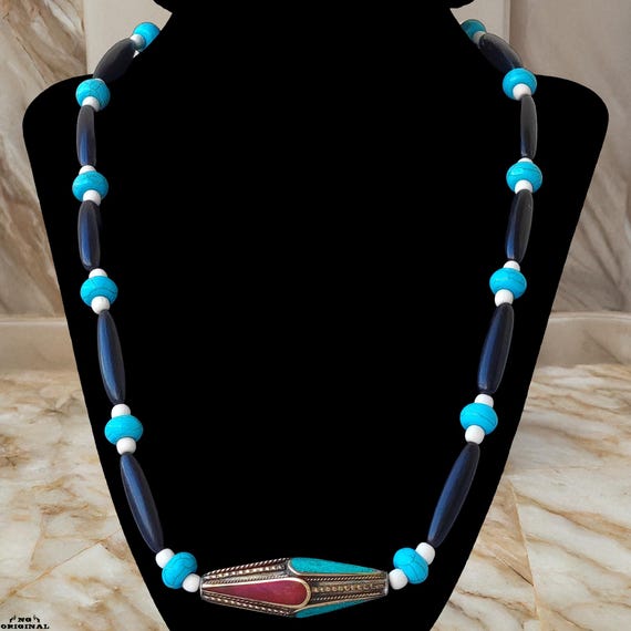 Boho Native American Necklace • Tibetan Pendant Coral Turquoise • Spiritual Tribal Jewelry Handmade in France