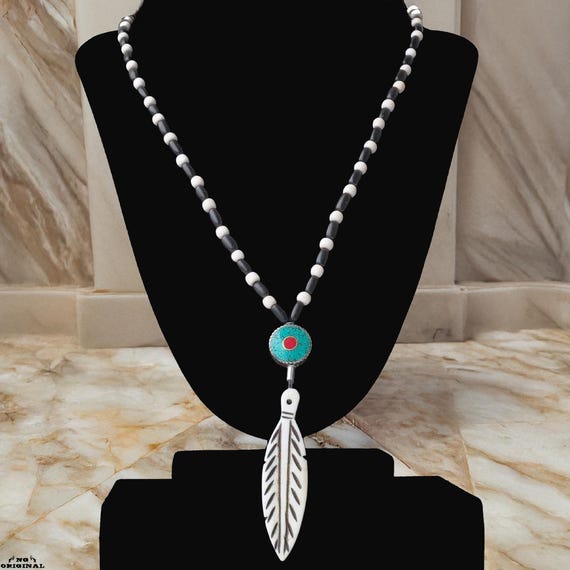Handmade Native American Necklace • Bone Feather Pendant • Turquoise Coral Beads • Shamanic Protection • Boho Unisex Jewelry