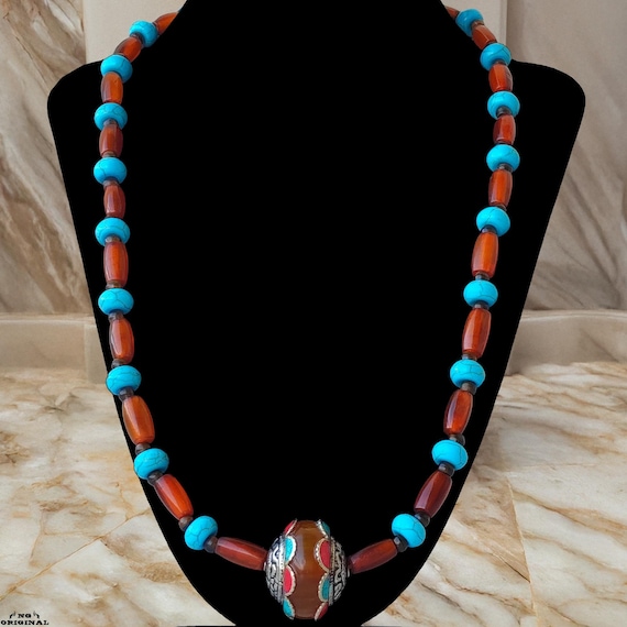 Boho Native American necklace • Tibetan pendant 925 silver coral turquoise • Tribal spiritual jewelry handmade in France
